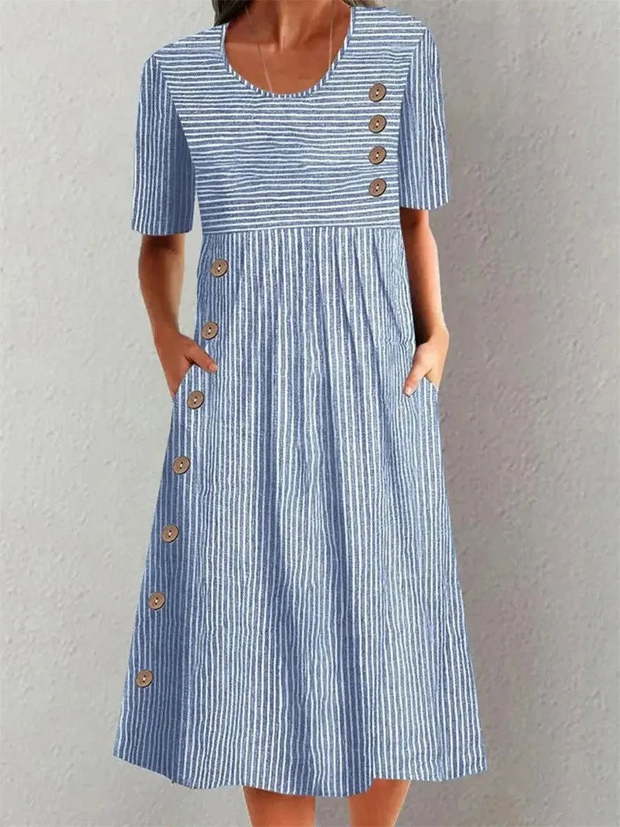 Nora | Striped Button Accent Day Dress