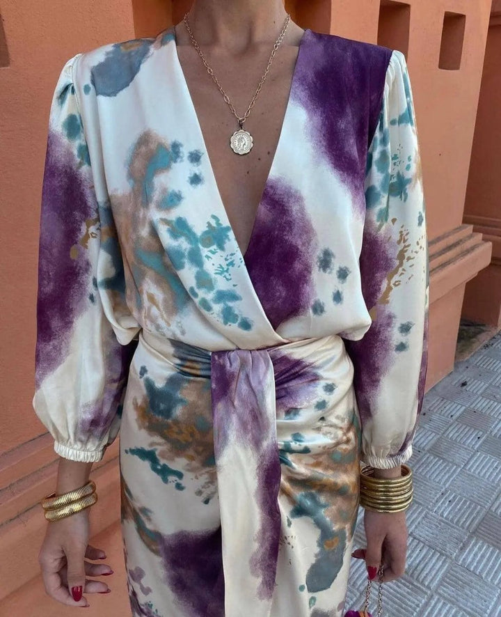 Amalia | Watercolor Wrap Tie Midi Dress