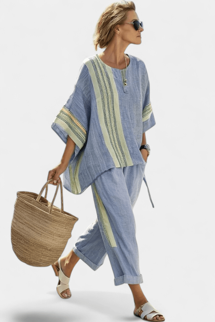 Elowric | Elegant Lavender Top & Mustard Striped Pants